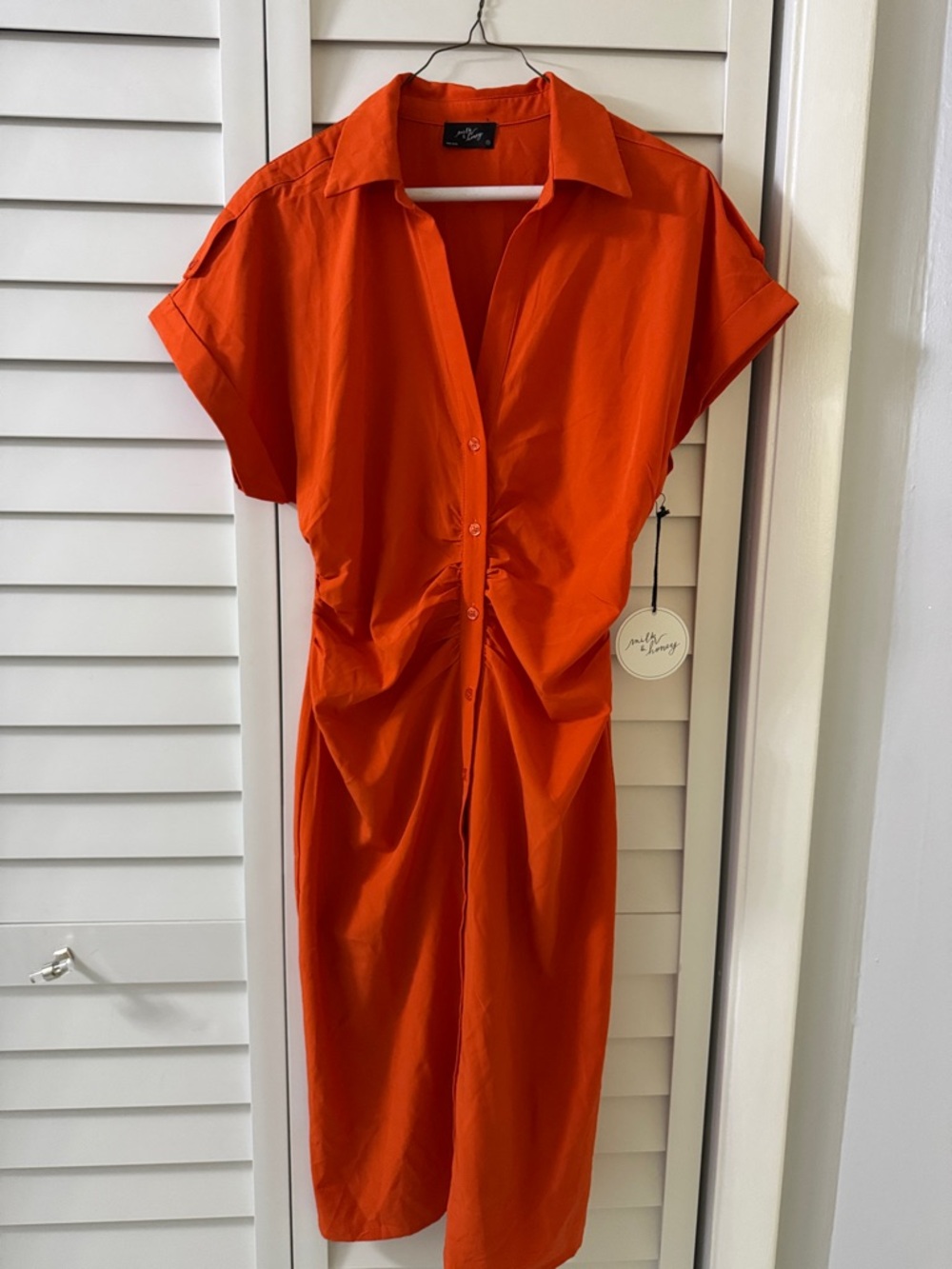 Button-Front Orange Midi Dress with Ruched Waist